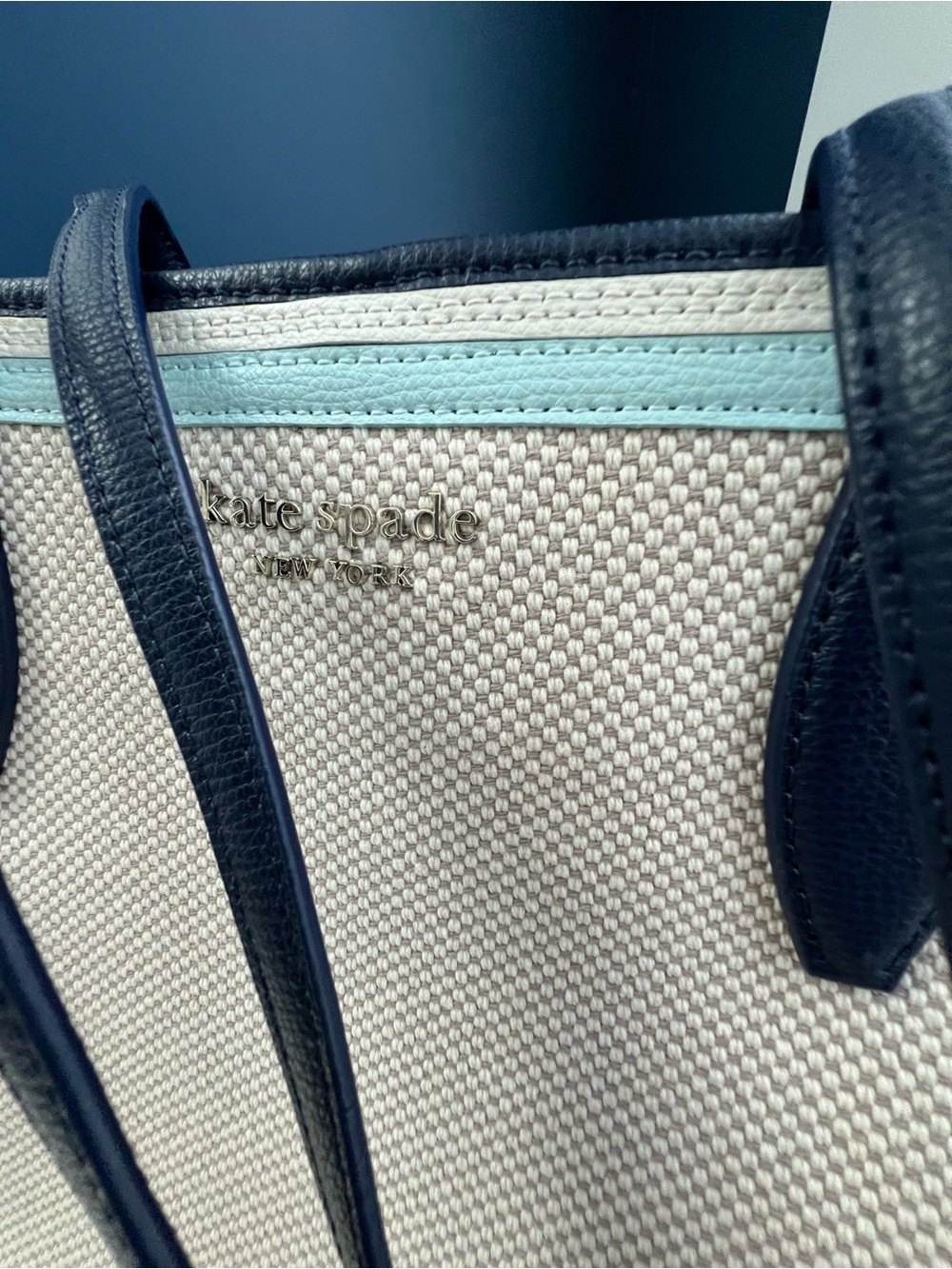 kate spade Cream Canvas Tote with Navy Handles and Aqua Trim - Picture 2 of 13